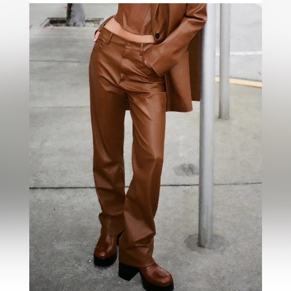 Zara Brown Faux Leather Pants - Picture 2 of 13